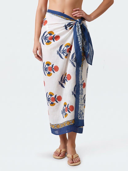 Orange Floral Buta Handblock Sarong - Beach Cover