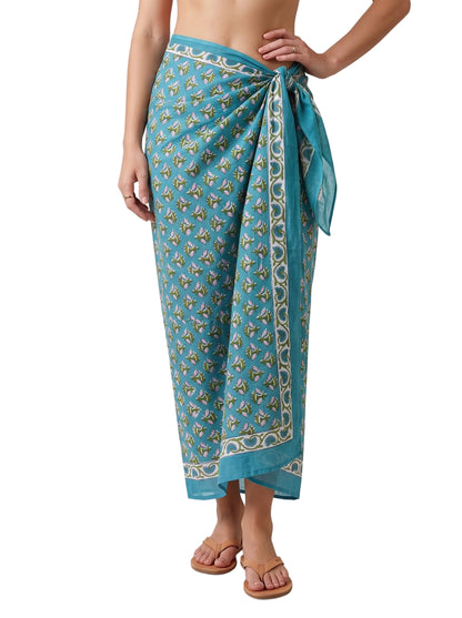 Cute Blue Floral Handblock Sarong - Beach Cover