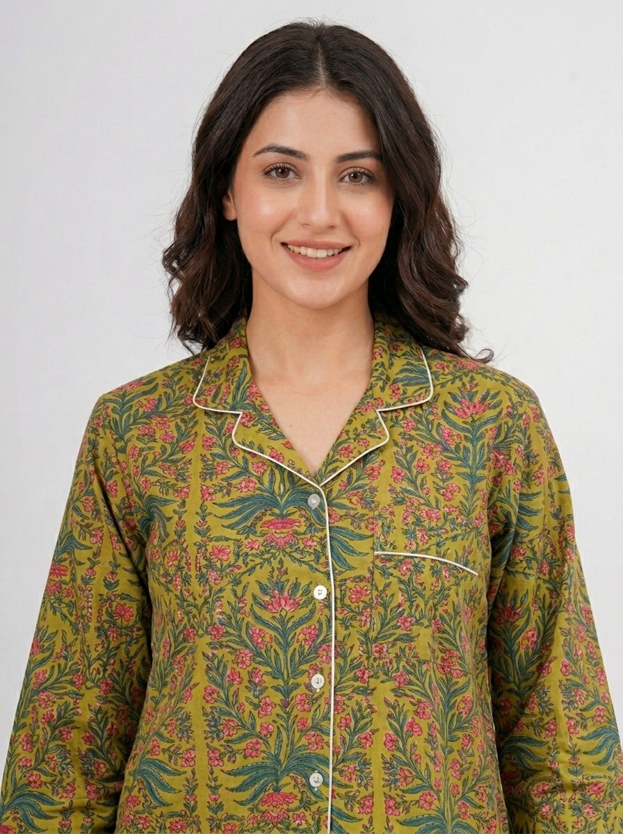 Women's Green Botanical Floral Print Cotton Night Suit Set – Elegant Two Piece Pajama Set