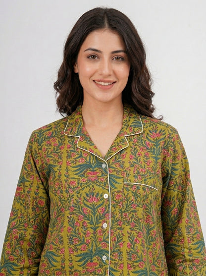 Women's Green Botanical Floral Print Cotton Night Suit Set – Elegant Two Piece Pajama Set