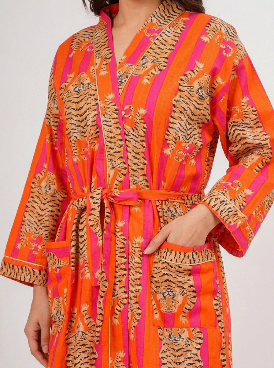 Tiger Tango women's cotton Tibetan kimono robe. Bohemian style 
lightweight cotton housecoat featuring a vibrant tiger print design.