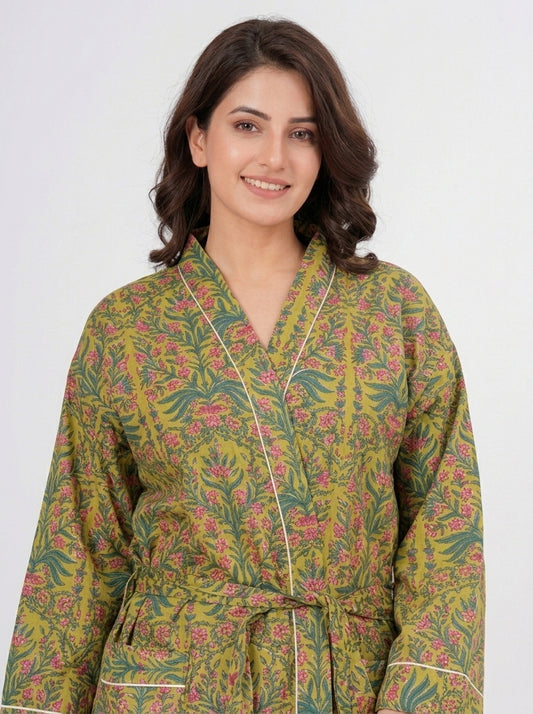 Emerald Bloom women's cotton floral kimono. Rich emerald green lightweight cotton robe featuring an elegant botanical and blossom print design.