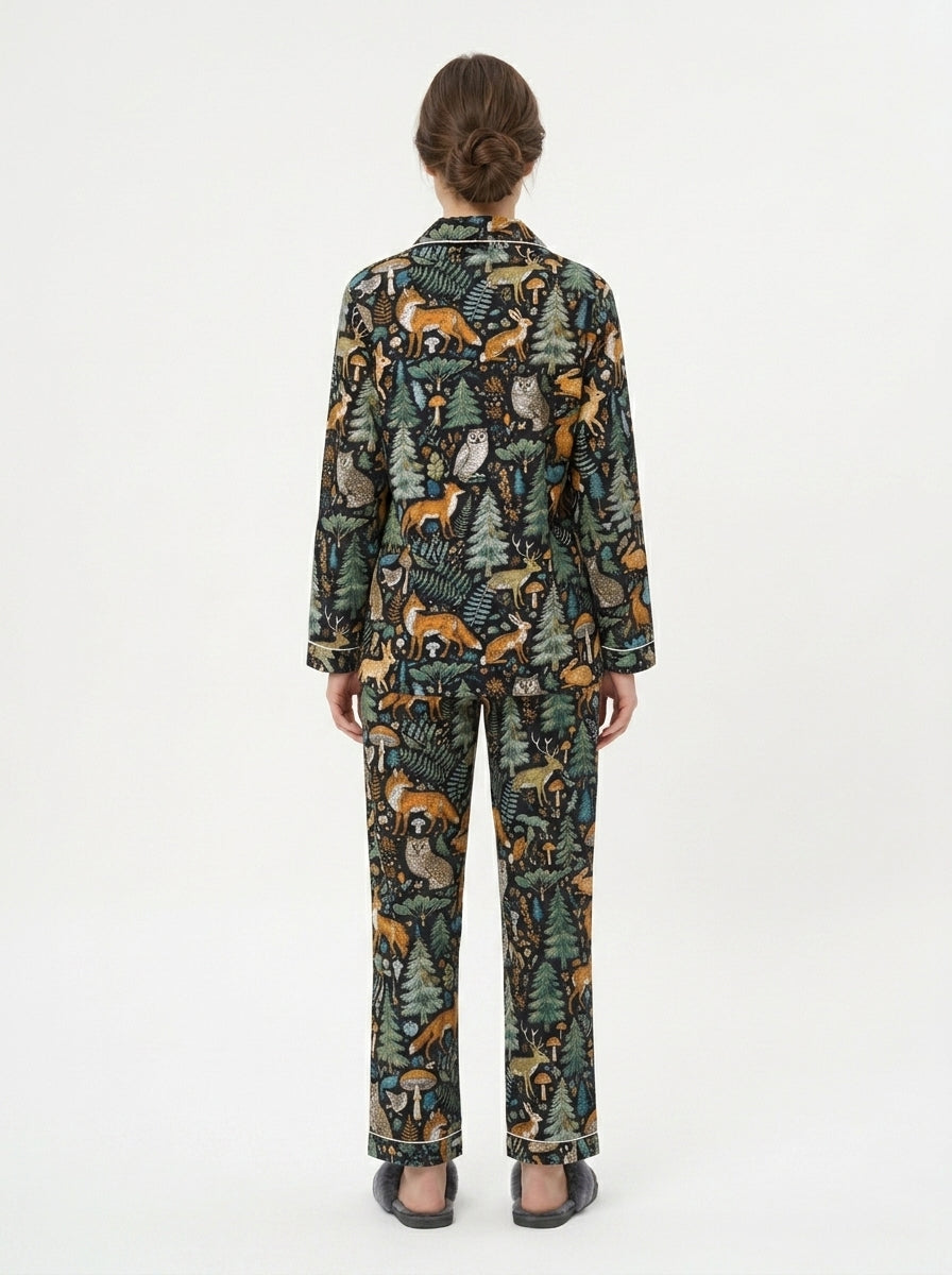 Women's Black Midnight Jungle Cotton Night Suit Set – Elegant Two Piece Pajama Set