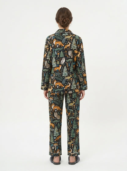 Women's Black Midnight Jungle Cotton Night Suit Set – Elegant Two Piece Pajama Set