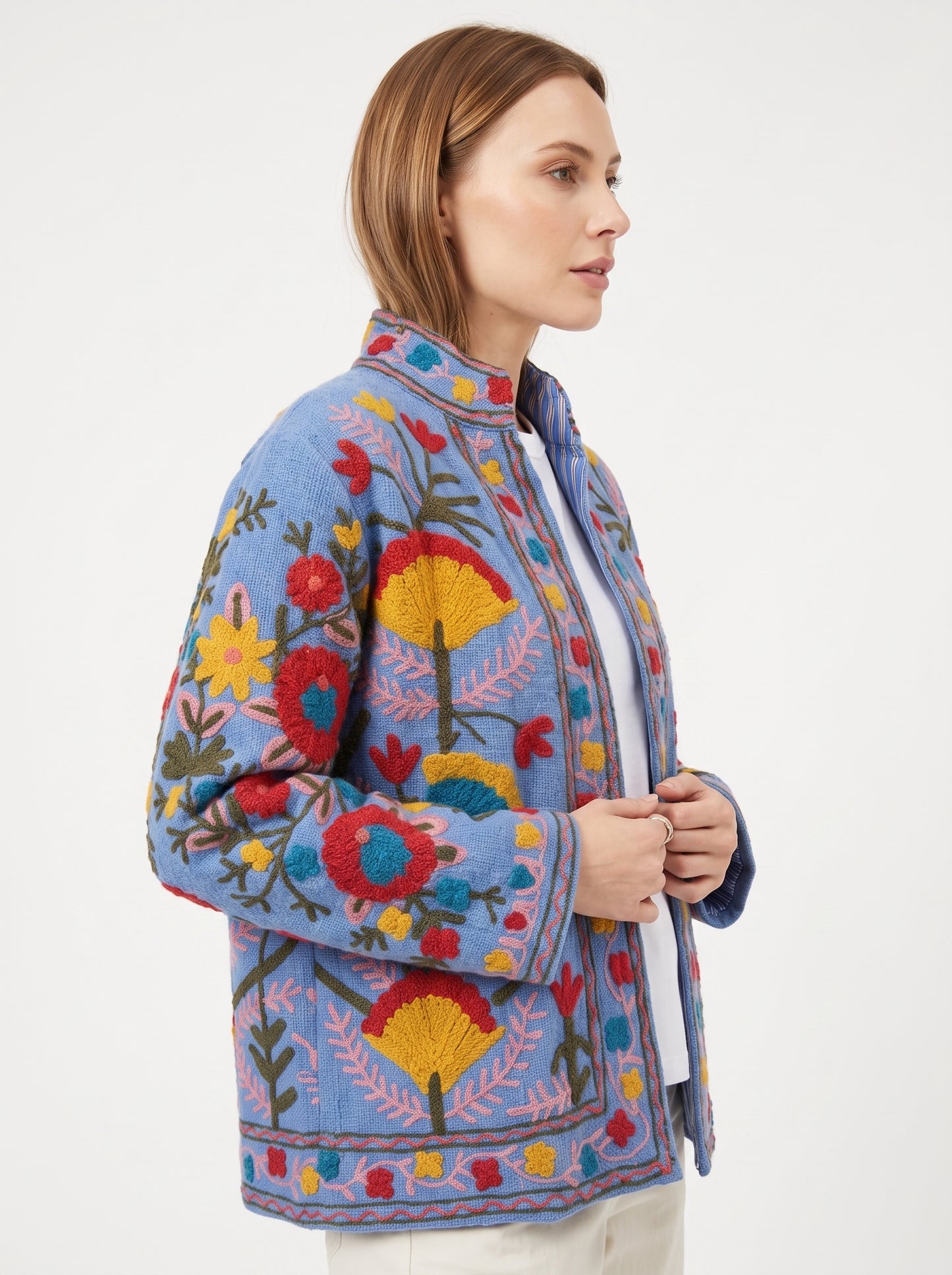 Midnight Garden Suzani Jacket – Women’s Blue Cotton Reversible Embroidered Floral Jacket