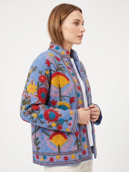 Midnight Garden Suzani Jacket – Women’s Blue Cotton Reversible Embroidered Floral Jacket