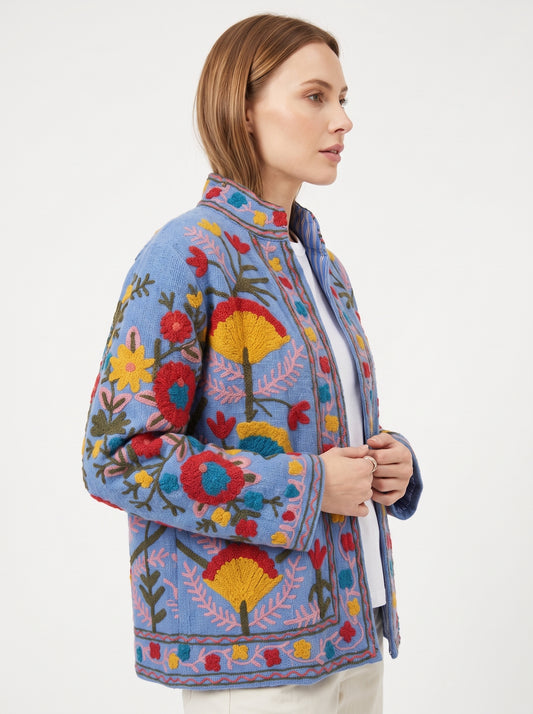 Midnight Garden Suzani Jacket – Women’s Blue Cotton Reversible Embroidered Floral Jacket