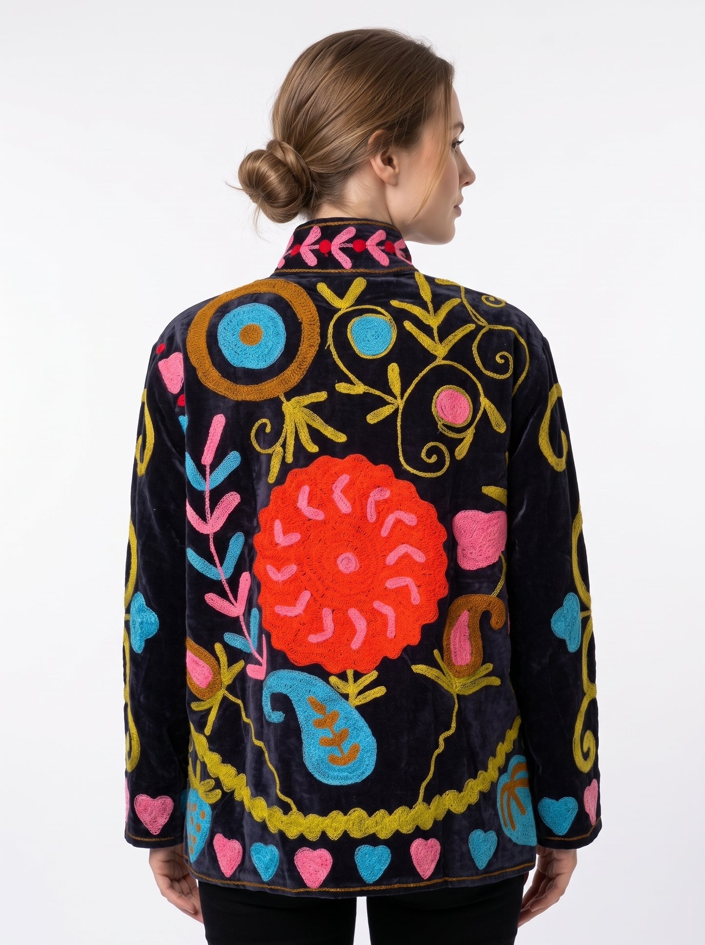 Women's Black Crush 1035 Suzani Reversible Velvet Jacket – Artistic Embroidered Statement Jacket