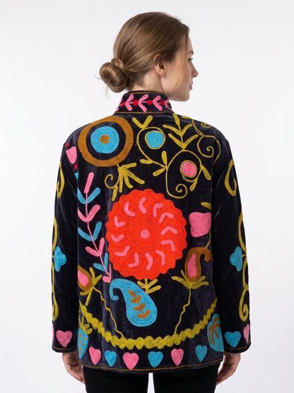 Women's Black Crush 1035 Suzani Reversible Velvet Jacket – Artistic Embroidered Statement Jacket