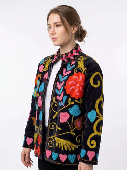 Women's Black Crush 1035 Suzani Reversible Velvet Jacket – Artistic Embroidered Statement Jacket