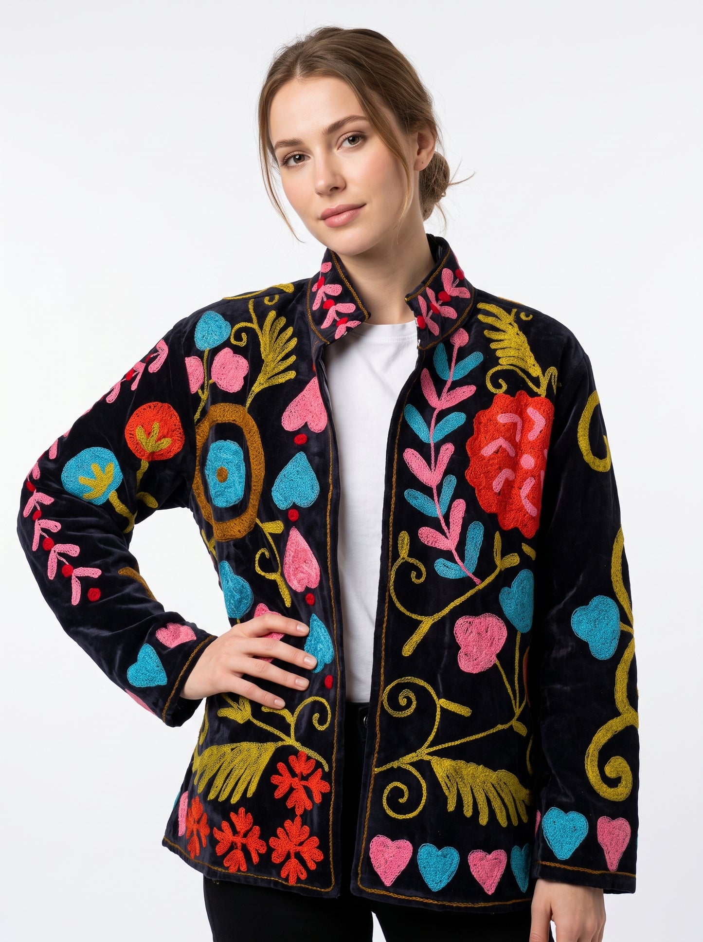 Women's Black Crush 1035 Suzani Reversible Velvet Jacket – Artistic Embroidered Statement Jacket