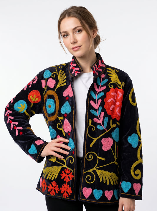 Women's Black Crush 1035 Suzani Reversible Velvet Jacket – Artistic Embroidered Statement Jacket