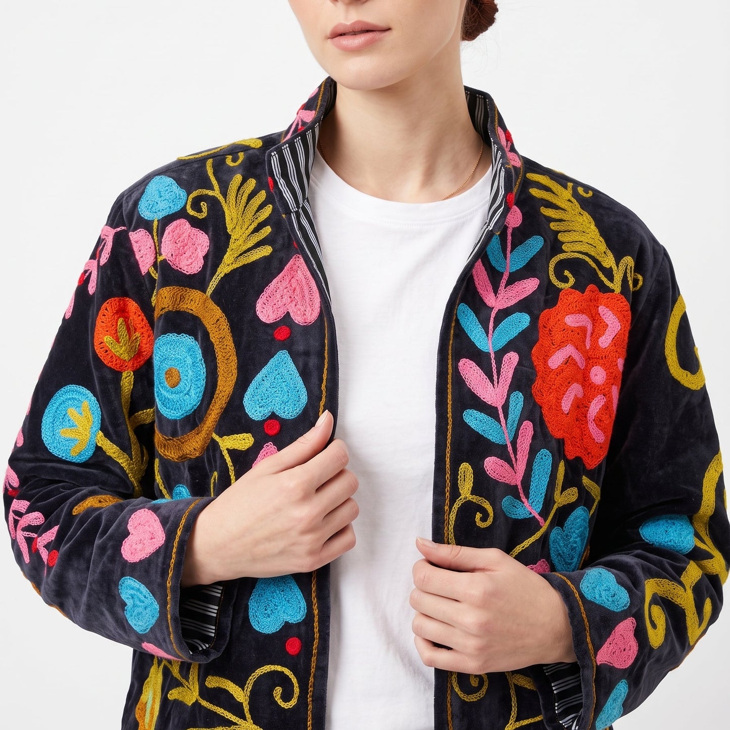 Women's Black Crush 1035 Suzani Reversible Velvet Jacket – Artistic Embroidered Statement Jacket