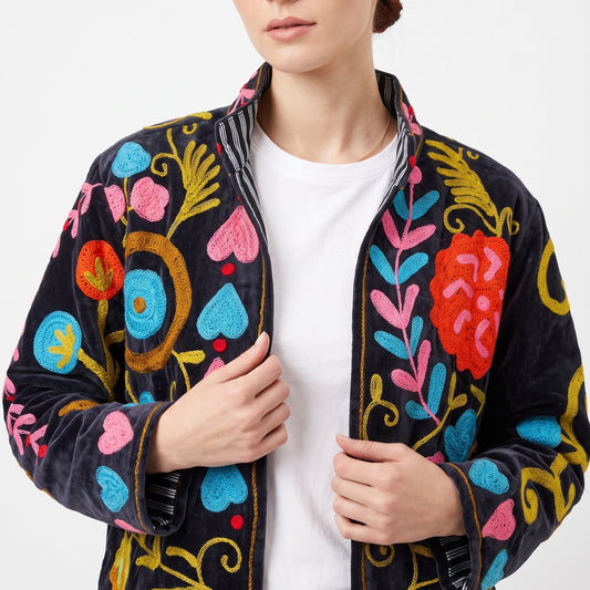 Women's Black Crush 1035 Suzani Reversible Velvet Jacket – Artistic Embroidered Statement Jacket