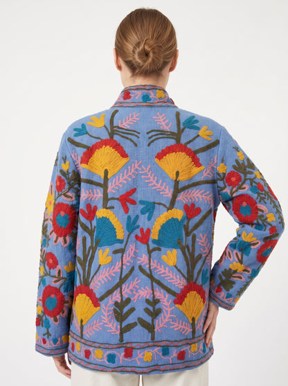 Midnight Garden Suzani Jacket – Women’s Blue Cotton Reversible Embroidered Floral Jacket