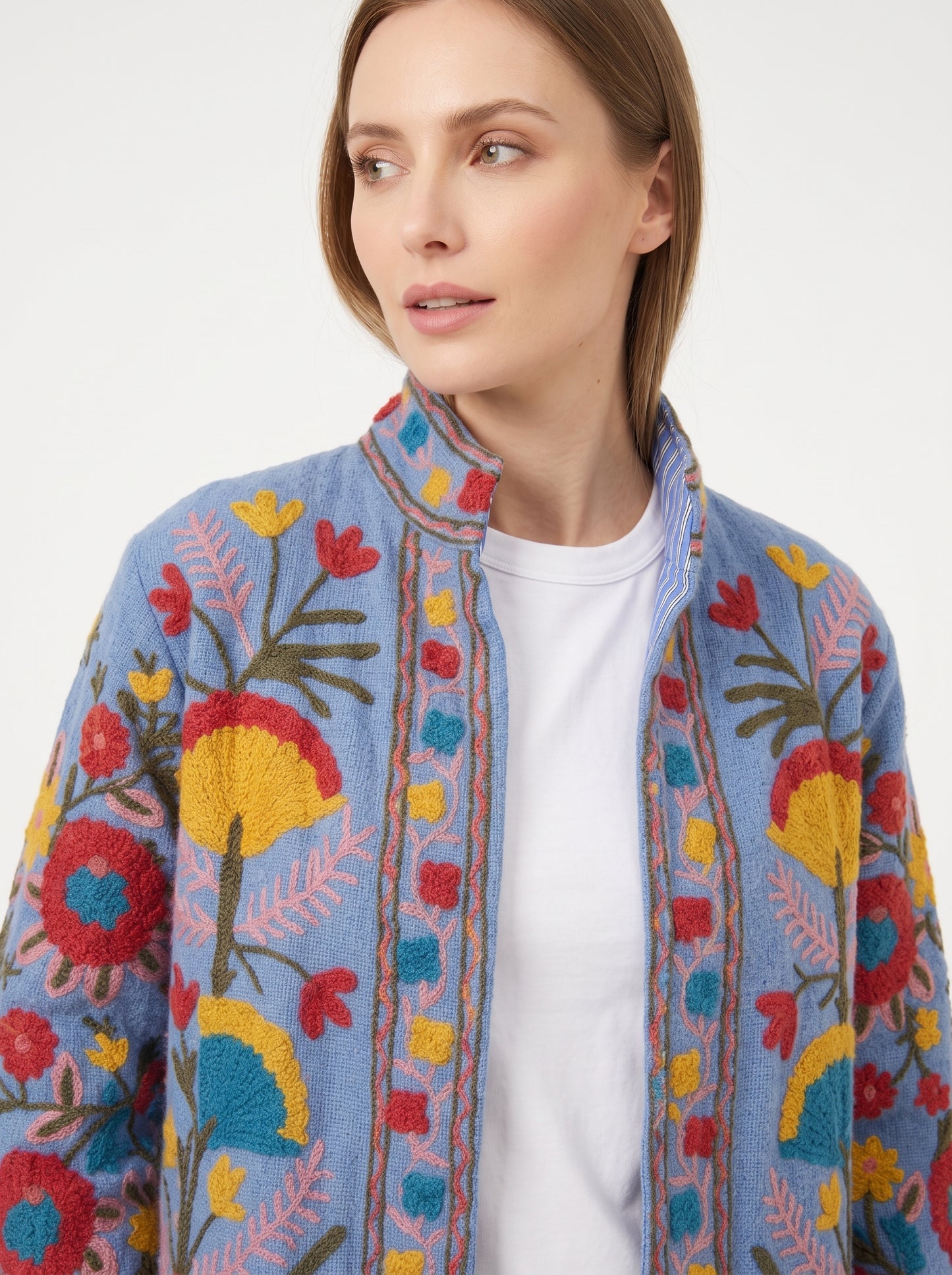 Midnight Garden Suzani Jacket – Women’s Blue Cotton Reversible Embroidered Floral Jacket