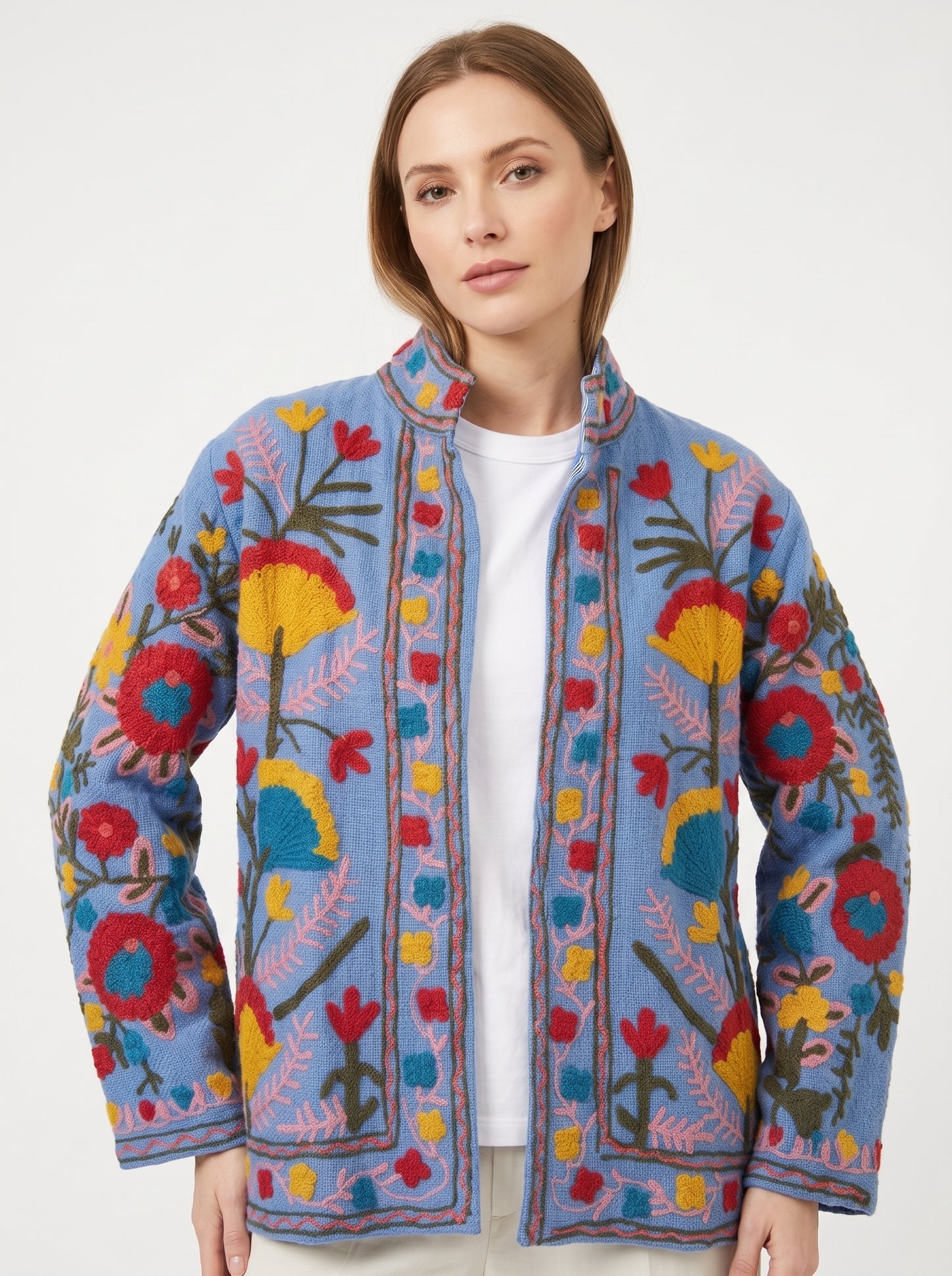 Midnight Garden Suzani Jacket – Women’s Blue Cotton Reversible Embroidered Floral Jacket