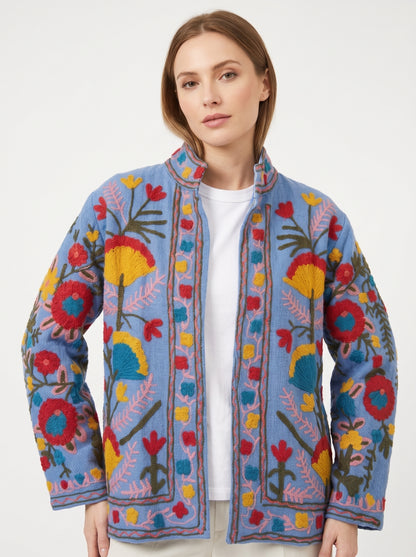 Midnight Garden Suzani Jacket – Women’s Blue Cotton Reversible Embroidered Floral Jacket