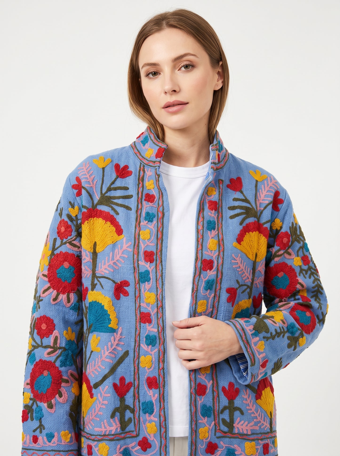 Midnight Garden Suzani Jacket – Women’s Blue Cotton Reversible Embroidered Floral Jacket