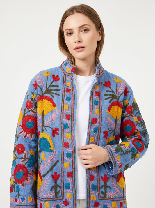 Midnight Garden Suzani Jacket – Women’s Blue Cotton Reversible Embroidered Floral Jacket