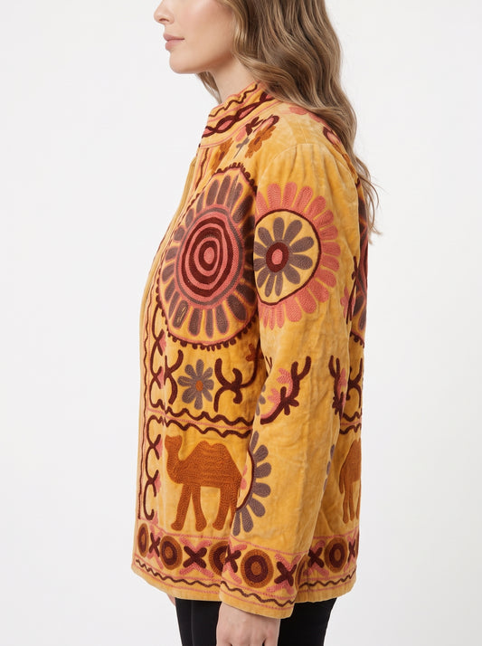 Desert Gold Suzani Jacket – Women’s Yellow Velvet Reversible Embroidered Camel Jacket