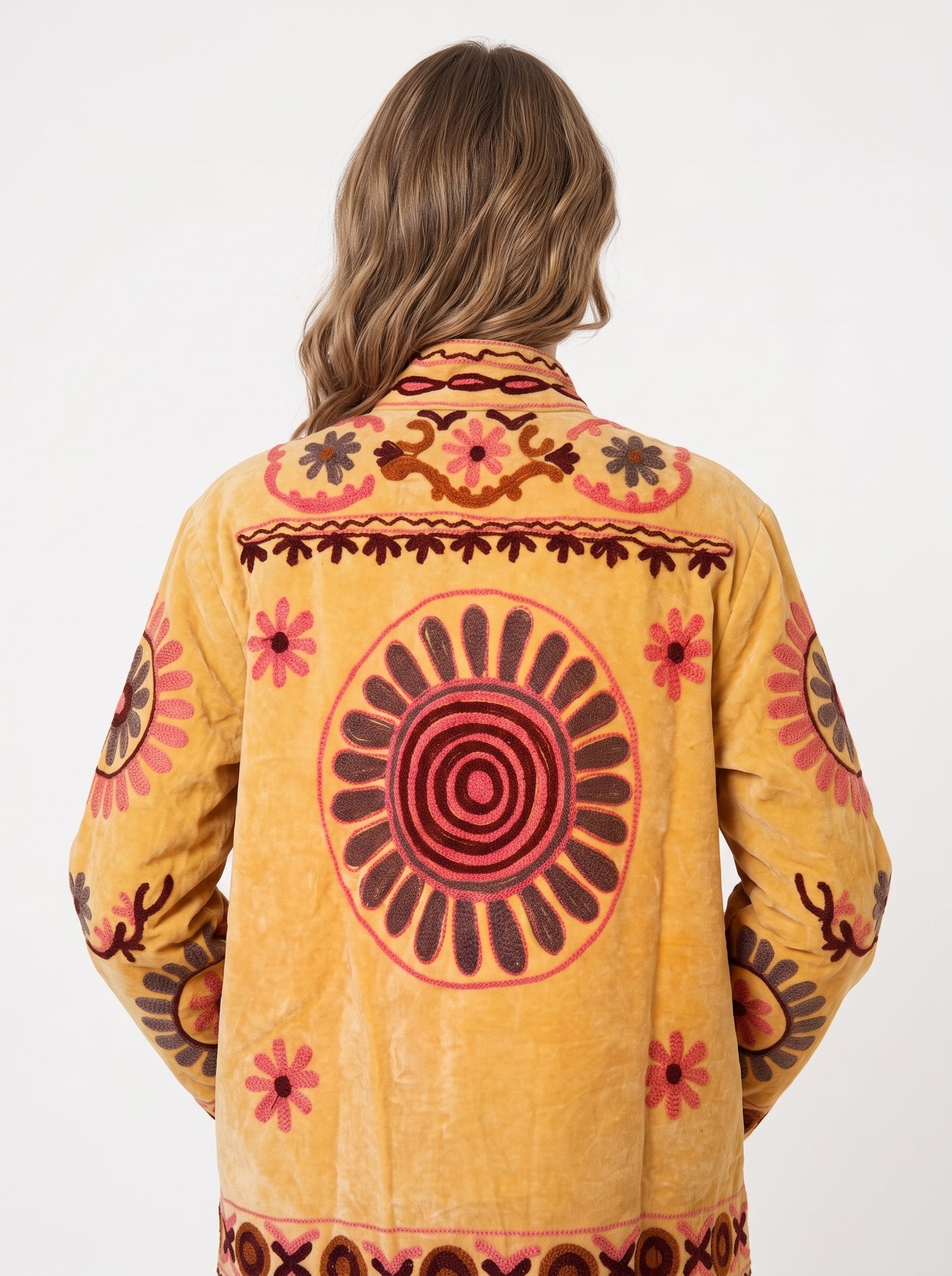 Desert Gold Suzani Jacket – Women’s Yellow Velvet Reversible Embroidered Camel Jacket