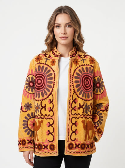 Desert Gold Suzani Jacket – Women’s Yellow Velvet Reversible Embroidered Camel Jacket
