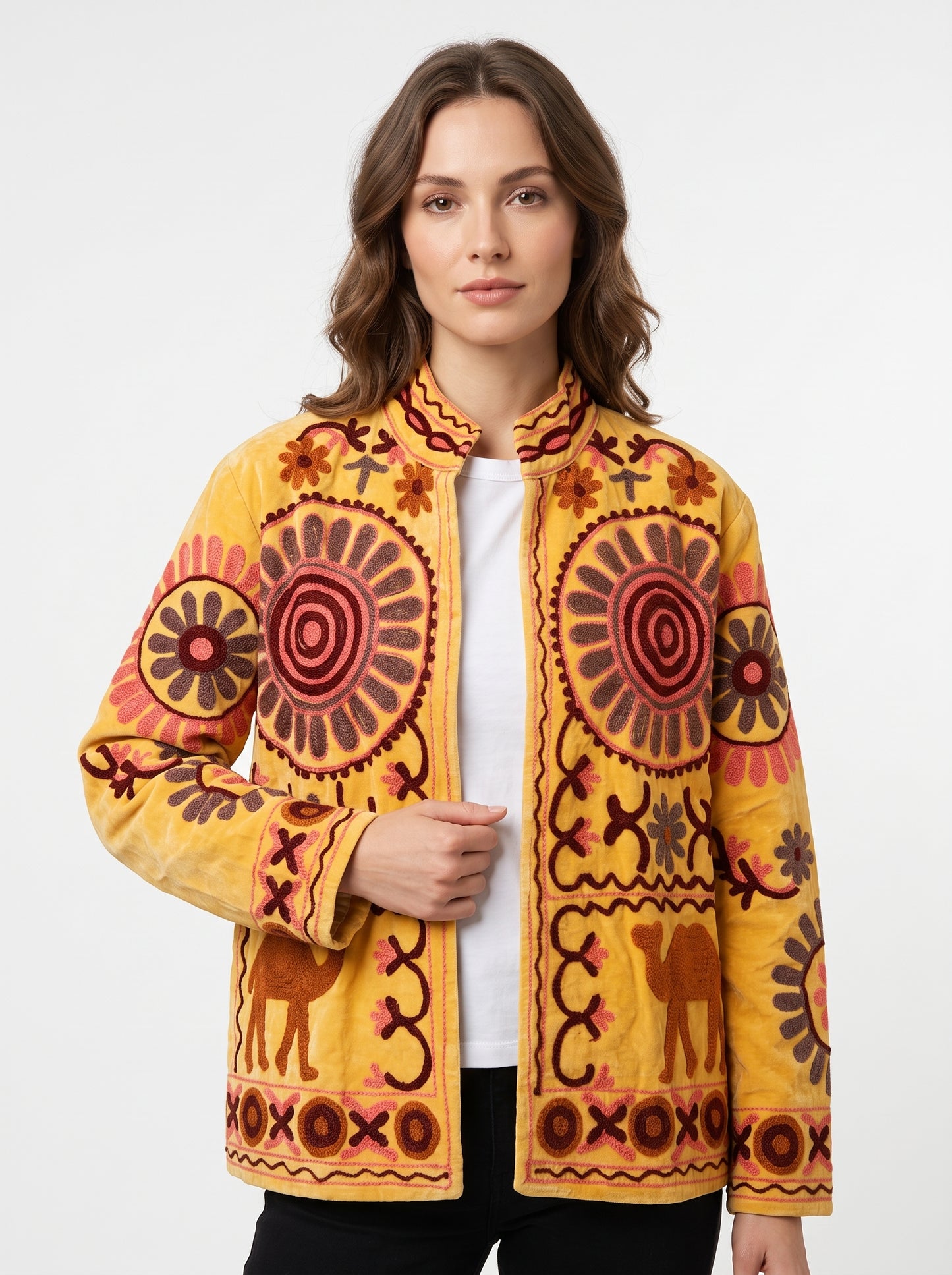 Desert Gold Suzani Jacket – Women’s Yellow Velvet Reversible Embroidered Camel Jacket