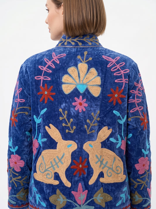 Women's Purple Break 1028 Suzani Reversible Velvet Jacket – Artistic Embroidered Statement Jacket