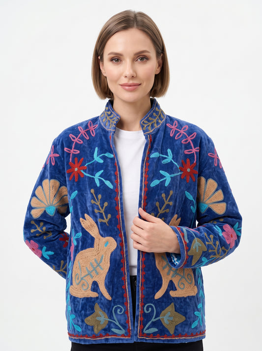 Women's Purple Break 1028 Suzani Reversible Velvet Jacket – Artistic Embroidered Statement Jacket