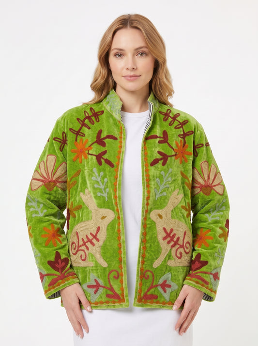 Women's Evening Crush 1033 Suzani Reversible Velvet Jacket – Artistic Embroidered Statement Jacket