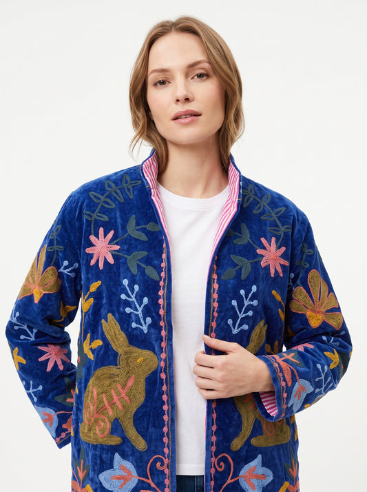 Women's Purple Sugar 1026 Suzani Reversible Velvet Jacket – Artistic Embroidered Statement Jacket