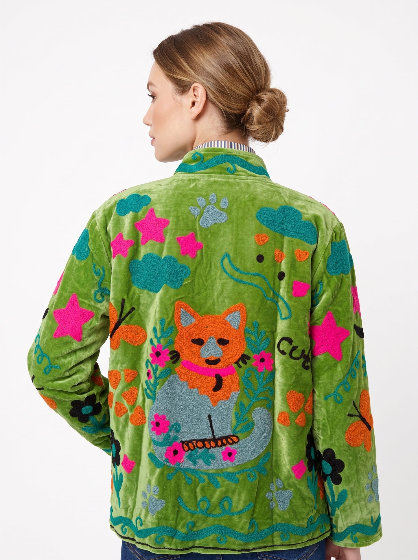 Women's Green Classic 1027 Suzani Reversible Velvet Jacket – Artistic Embroidered Statement Jacket