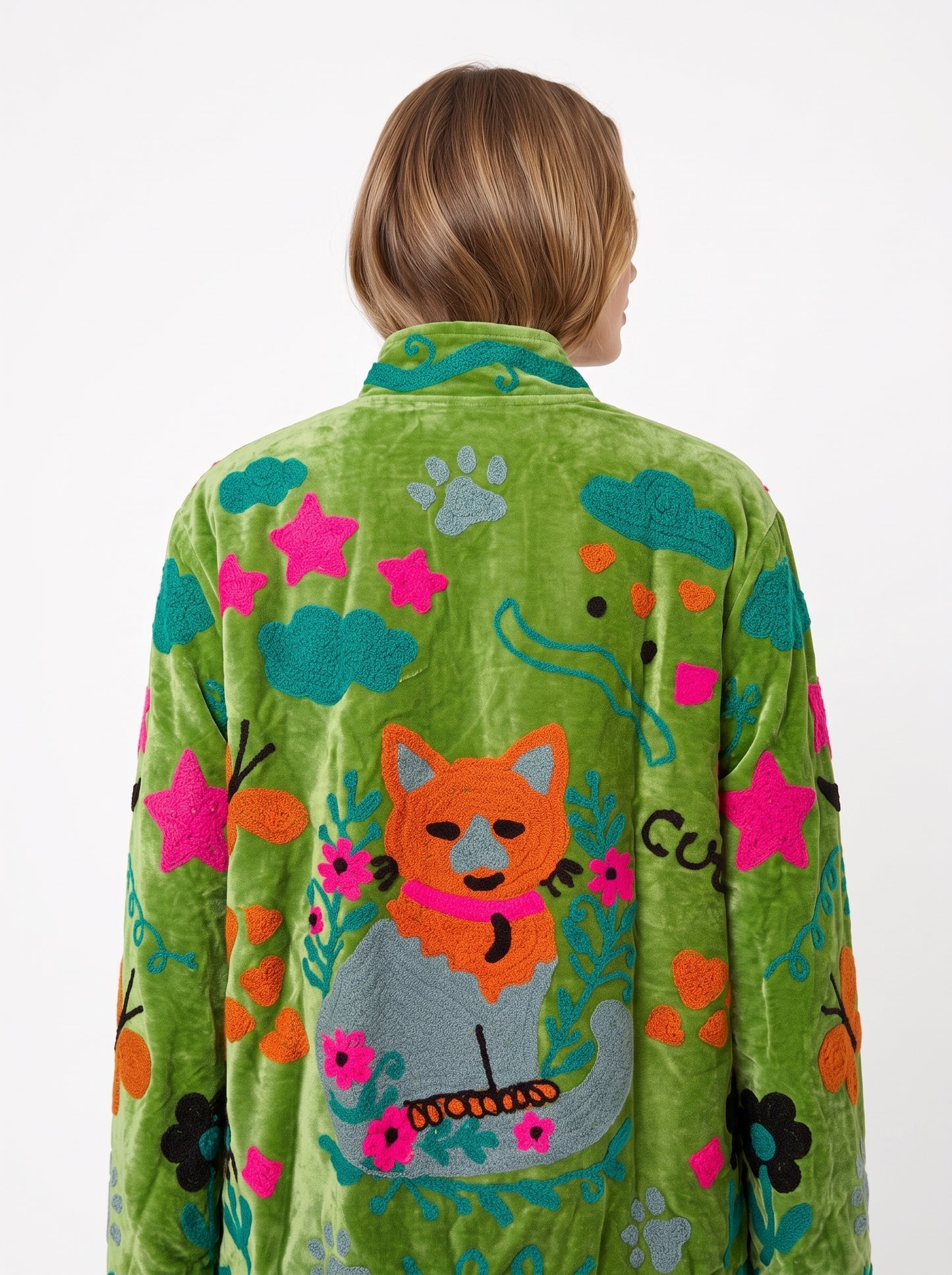 Women's Green Classic 1027 Suzani Reversible Velvet Jacket – Artistic Embroidered Statement Jacket