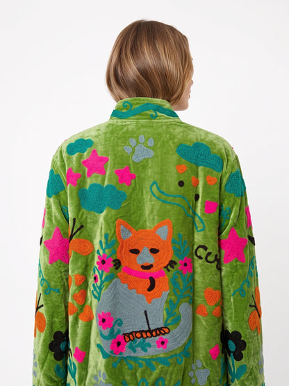Women's Green Classic 1027 Suzani Reversible Velvet Jacket – Artistic Embroidered Statement Jacket