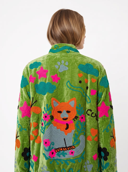 Women's Green Classic 1027 Suzani Reversible Velvet Jacket – Artistic Embroidered Statement Jacket