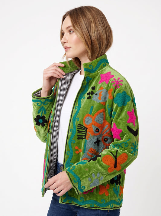 Women's Green Classic 1027 Suzani Reversible Velvet Jacket – Artistic Embroidered Statement Jacket