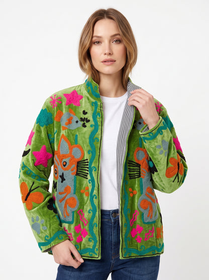 Women's Green Classic 1027 Suzani Reversible Velvet Jacket – Artistic Embroidered Statement Jacket