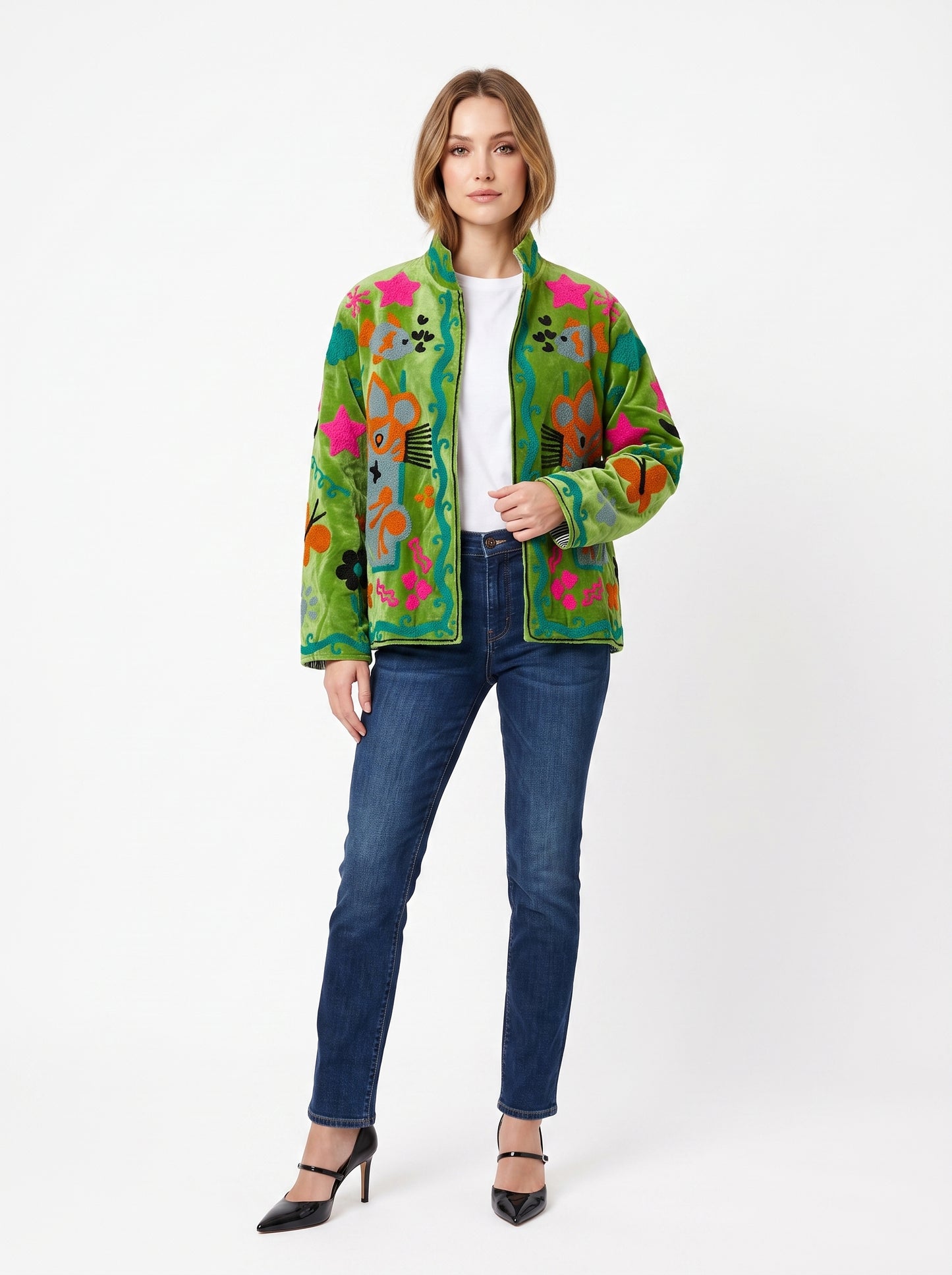 Women's Green Classic 1027 Suzani Reversible Velvet Jacket – Artistic Embroidered Statement Jacket