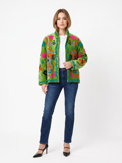 Women's Green Classic 1027 Suzani Reversible Velvet Jacket – Artistic Embroidered Statement Jacket