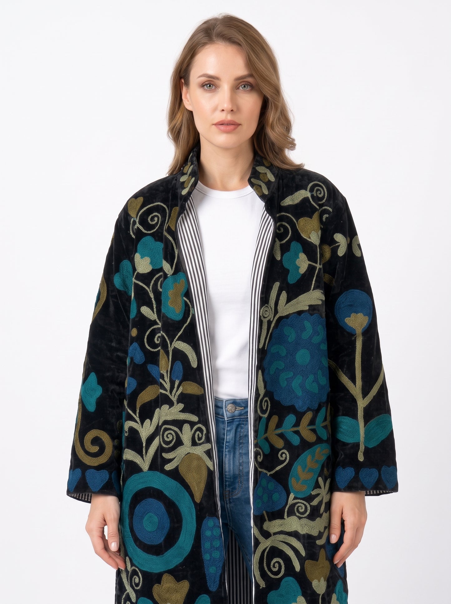 Women's 1025 Suzani Reversible Velvet Long Jacket – Artistic Embroidered Statement Jacket