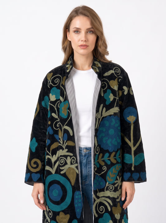 Women's 1025 Suzani Reversible Velvet Long Jacket – Artistic Embroidered Statement Jacket