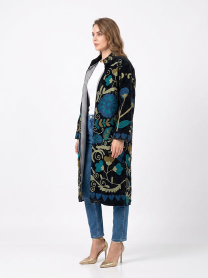 Women's 1025 Suzani Reversible Velvet Long Jacket – Artistic Embroidered Statement Jacket