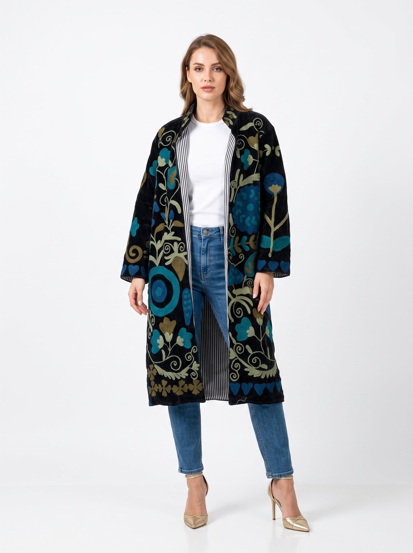 Women's 1025 Suzani Reversible Velvet Long Jacket – Artistic Embroidered Statement Jacket
