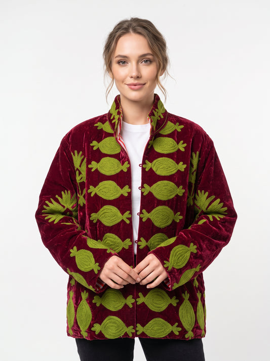 Women's Maroon Love 1063 Suzani Reversible Velvet Jacket – Artistic Embroidered Statement Jacket