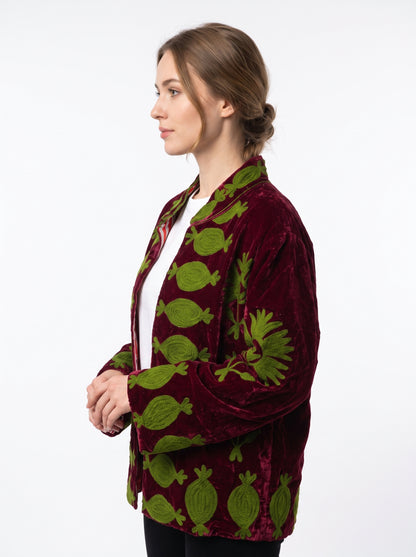 Women's Maroon Love 1063 Suzani Reversible Velvet Jacket – Artistic Embroidered Statement Jacket