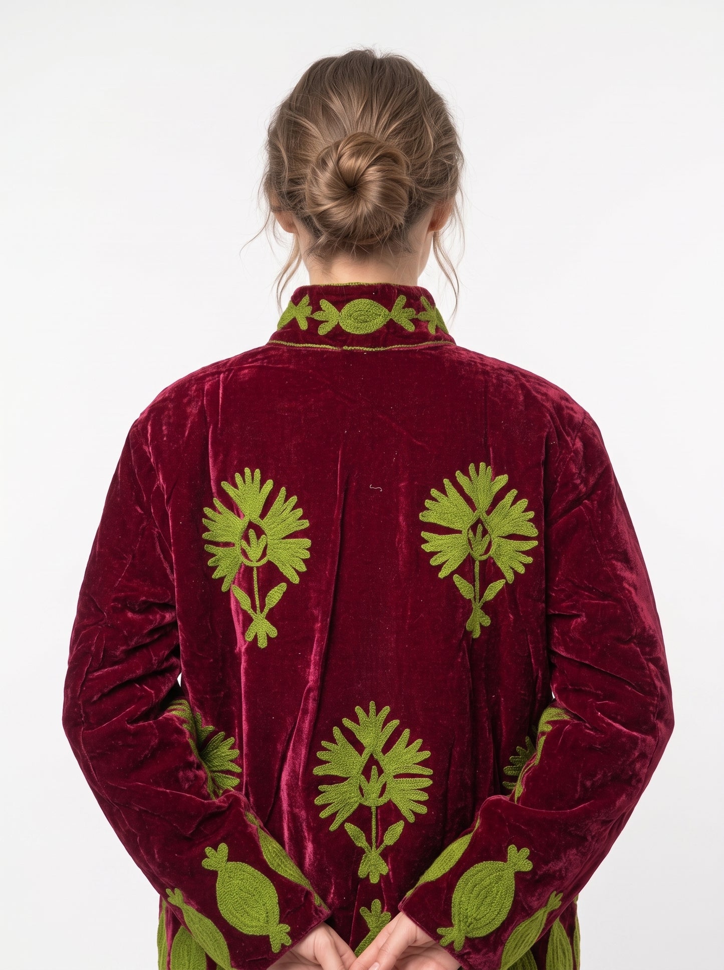 Women's Maroon Love 1063 Suzani Reversible Velvet Jacket – Artistic Embroidered Statement Jacket