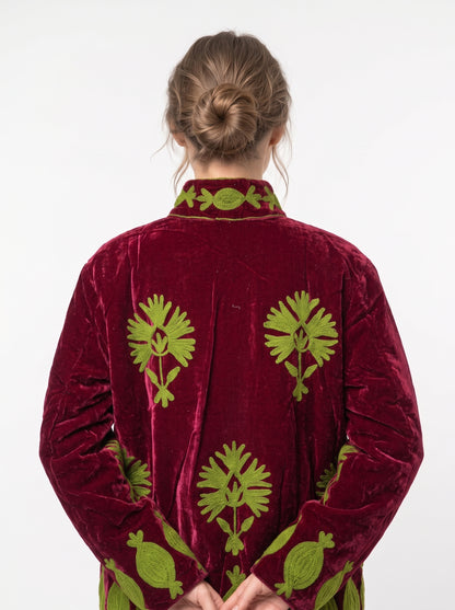 Women's Maroon Love 1063 Suzani Reversible Velvet Jacket – Artistic Embroidered Statement Jacket