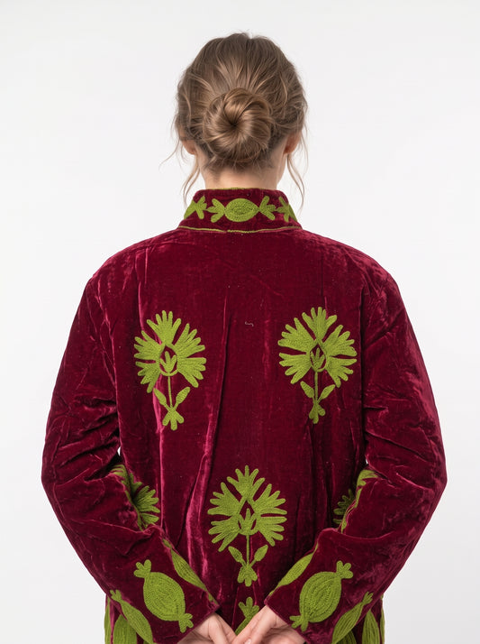 Women's Maroon Love 1063 Suzani Reversible Velvet Jacket – Artistic Embroidered Statement Jacket