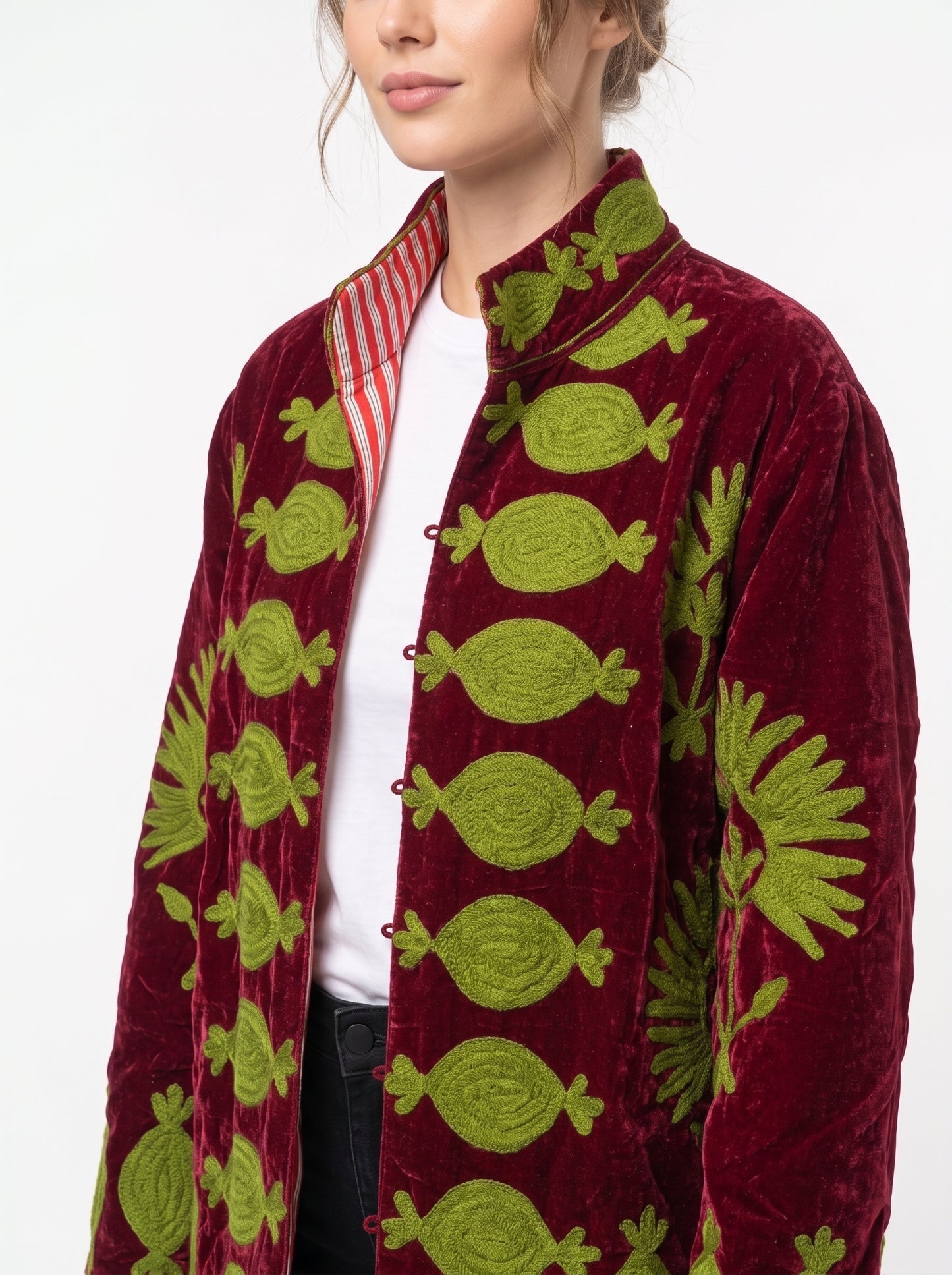 Women's Maroon Love 1063 Suzani Reversible Velvet Jacket – Artistic Embroidered Statement Jacket
